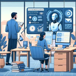 An illustration of two academic administrators in a high-tech office setting, working with advanced artificial intelligence technology.