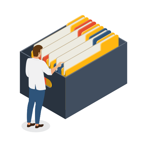 Illustration of a person browsing through a large filing box with organized folders to illustrate the deans roundtable community resource hub available with the deans roundtable membership