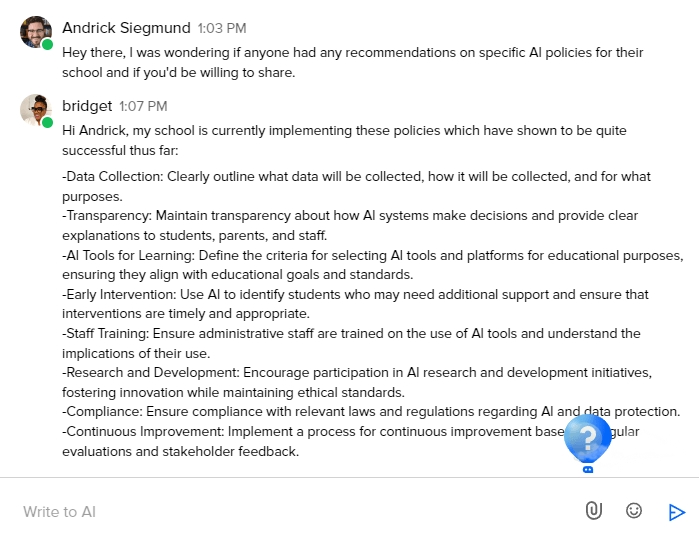 A screenshot of a chat conversation between two deans of students discussing AI policies for schools. Deans Roundtable Membership