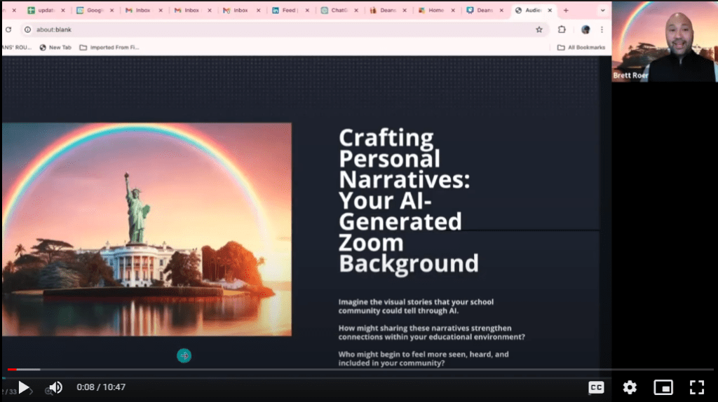Deans Roundtable webinar titled "Crafting Personal Narratives: Your AI-Generated Zoom Background" with a speaker, Brett Roer, in the corner, available with the deans roundtable membership