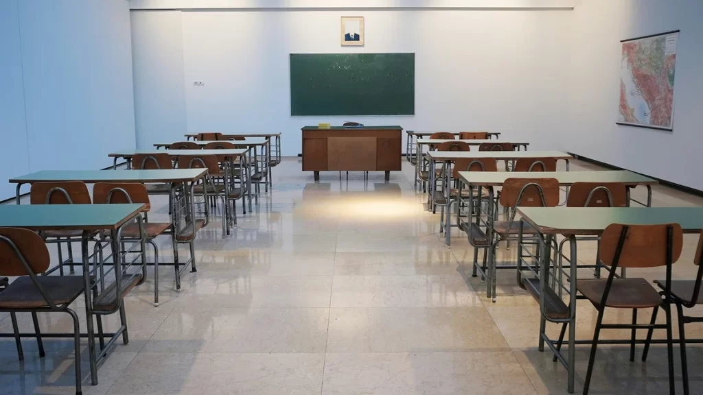 An empty classroom prepared for the new school year