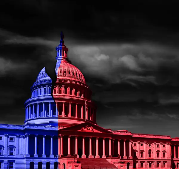 A picture of the US Capital Building, one half shaded in blue, the other in red, to embody the importance of civil discourse during elections