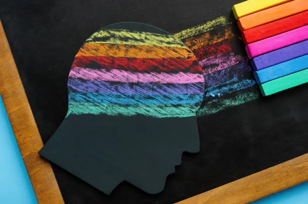 A rainbow colored chalk drawing of head embodying the importance of Creating Inclusive Educational Environments