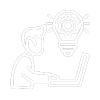 Icon of a person working on a computer with an image of a lightbulb near their head, symbolizing expert analysis