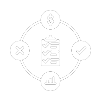 an checklist surrounded by a circle with different symbols (an x, a dollar sign, a check mark, and a graph), symbolizing Impact Assessment