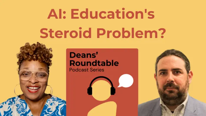 Blog post thumbnail with headshots of Bridget Johnson and Derek Newton and the words "AI: Education's Steroid Problem" bringing up the issue of AI academic integrity policies
