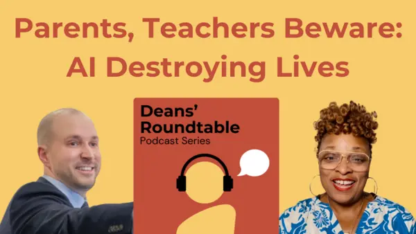 A youtube thumbnail featuring images of Bridget Johnson and Evan Harris and the hook, "Parents, Teachers Beware: AI Destroying Lives"